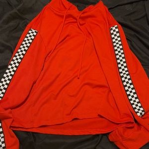 large; red and checkered hoodie